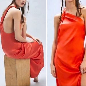Free People Victoria Silky 2 XS Orange One-Shoulder Front Slit Maxi Gown Formal